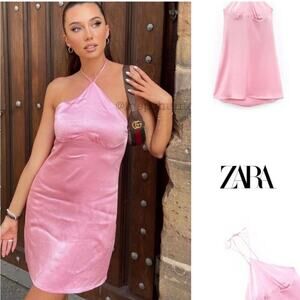 Zara Pink Satin Halter Neck Dress NWT Size L